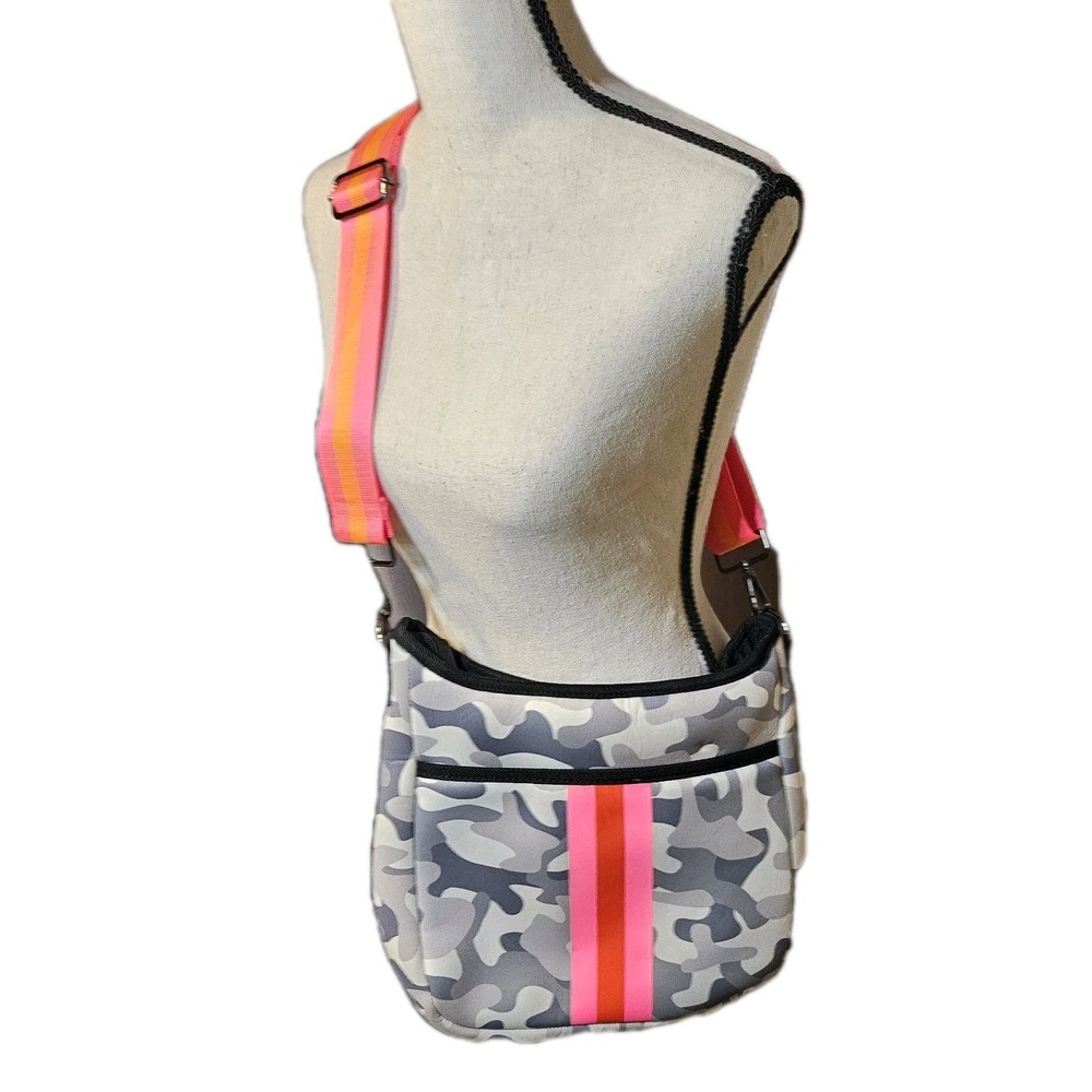 Haute Shore BLAKE Soar Neoprene Crossbody Gray/White Camo W/Pink/Orange Strap